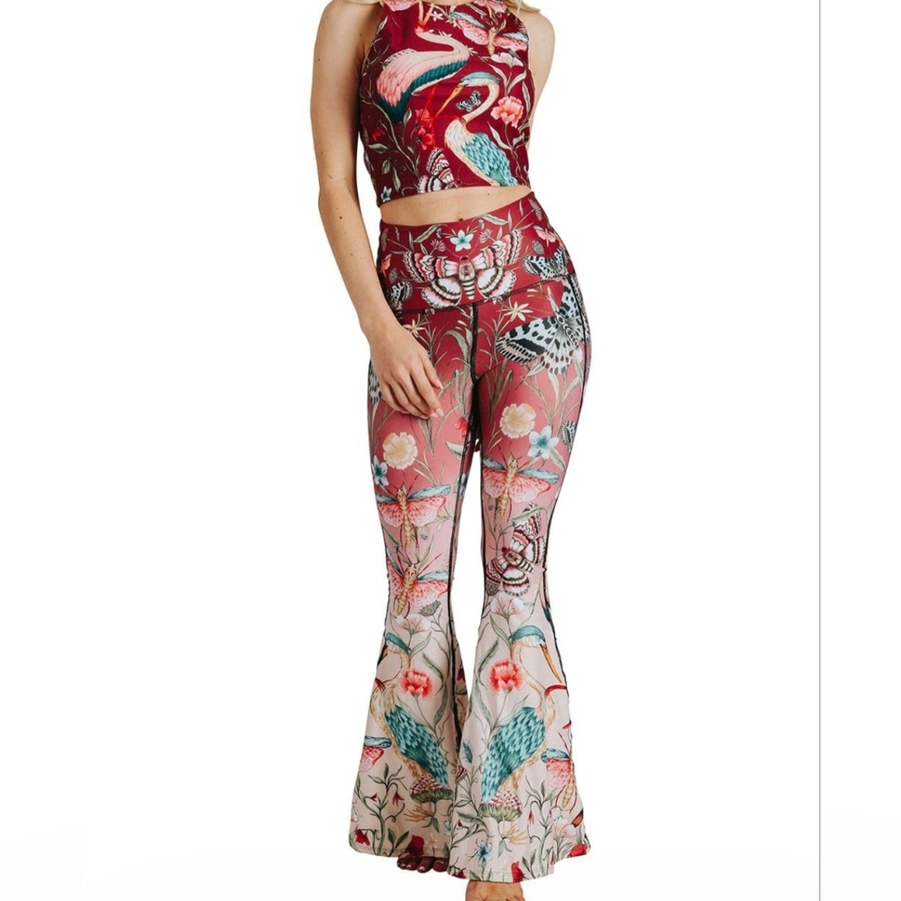 Yoga Democracy Pretty In Pink Printed Bell Bottoms and Sports Bra, Size Medium